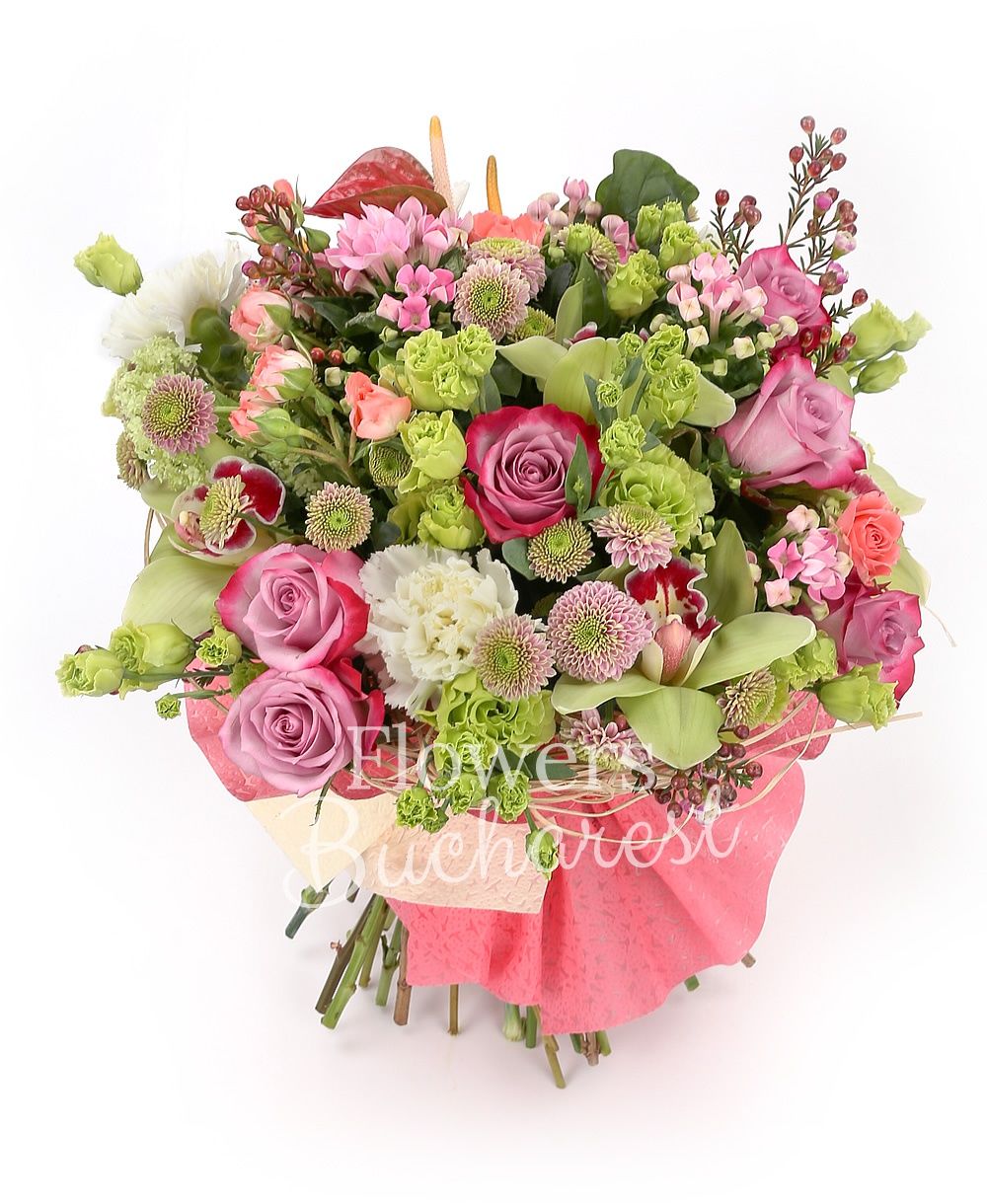 7 pink roses, 5 green lisianthus, 3 pink miniroses, 3 red anthurium, 5 white carnations, 5 pink santini, 3 pink bouvardia, green cymbidium, greenery