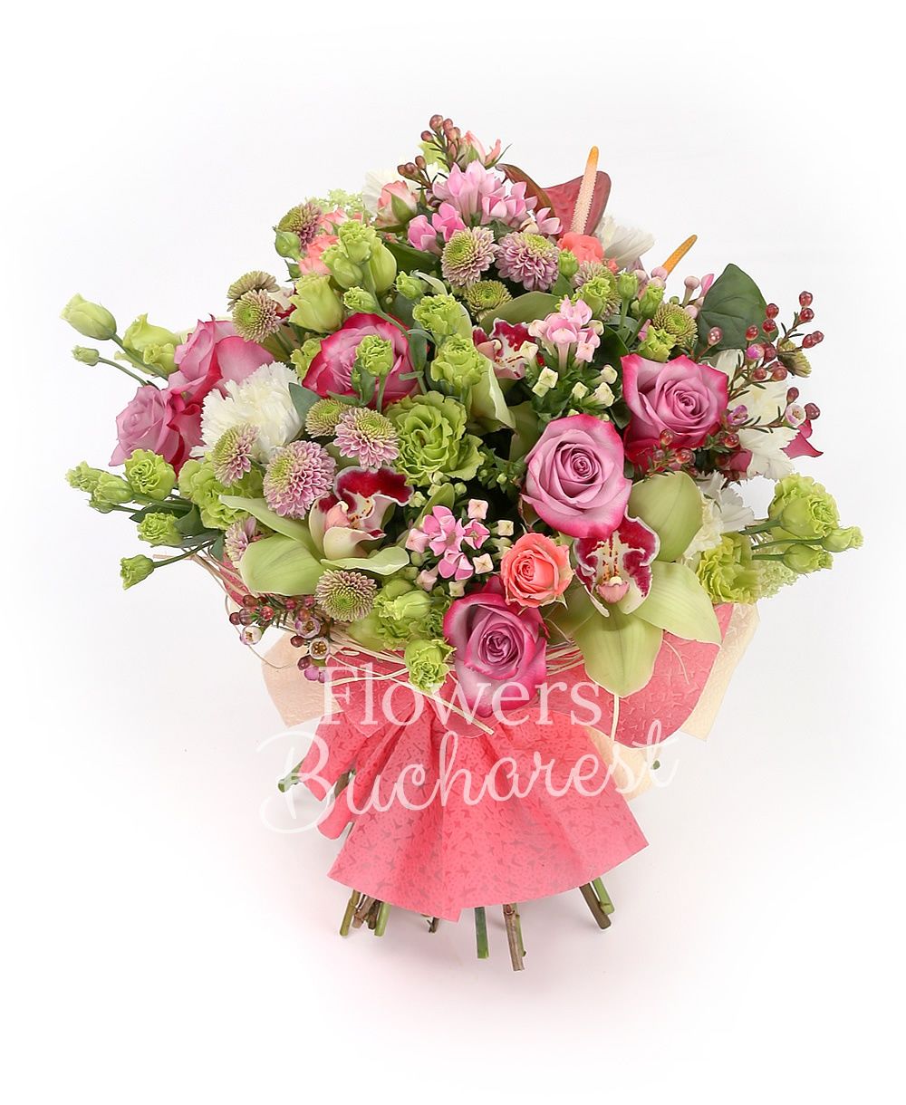 7 pink roses, 5 green lisianthus, 3 pink miniroses, 3 red anthurium, 5 white carnations, 5 pink santini, 3 pink bouvardia, green cymbidium, greenery