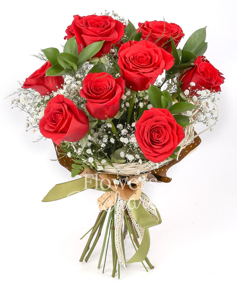 11 red roses, greenery