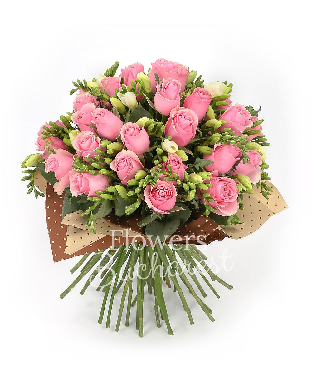 25 pink roses, 30 white freesias