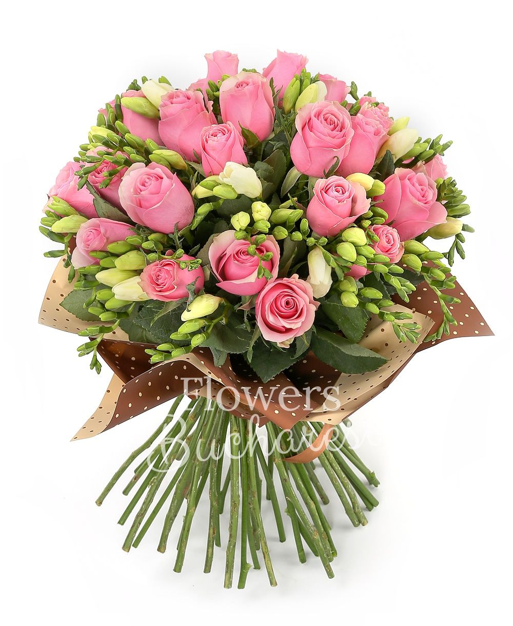 25 pink roses, 30 white freesias