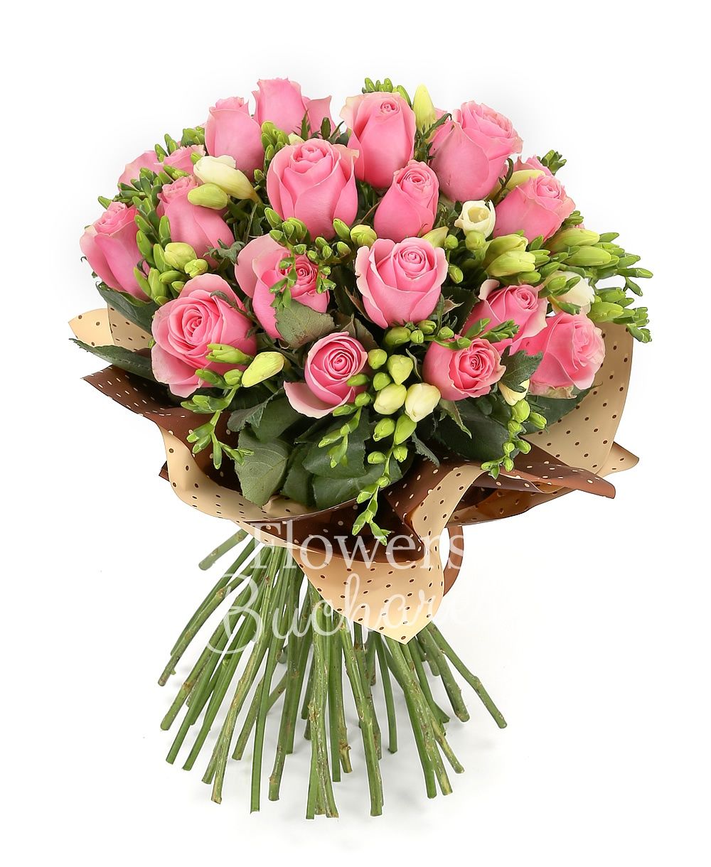 25 pink roses, 30 white freesias