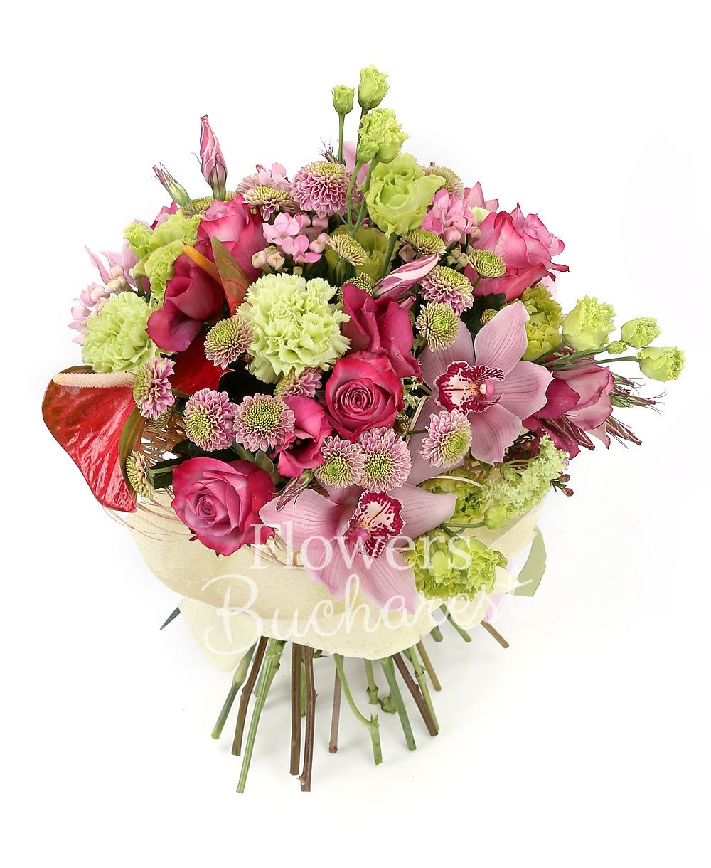 7 pink roses, 3 red anthurium, 5 green lisianthus, 5 pink santini, 3 pink lisianthus, 5 bouvardia, 5 green carnations, pink cymbidium