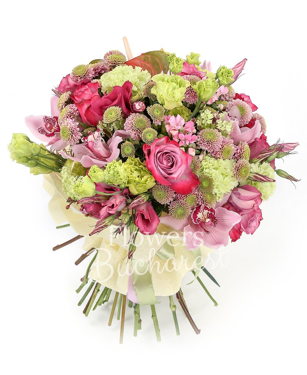 7 pink roses, 3 red anthurium, 5 green lisianthus, 5 pink santini, 3 pink lisianthus, 5 bouvardia, 5 green carnations, pink cymbidium