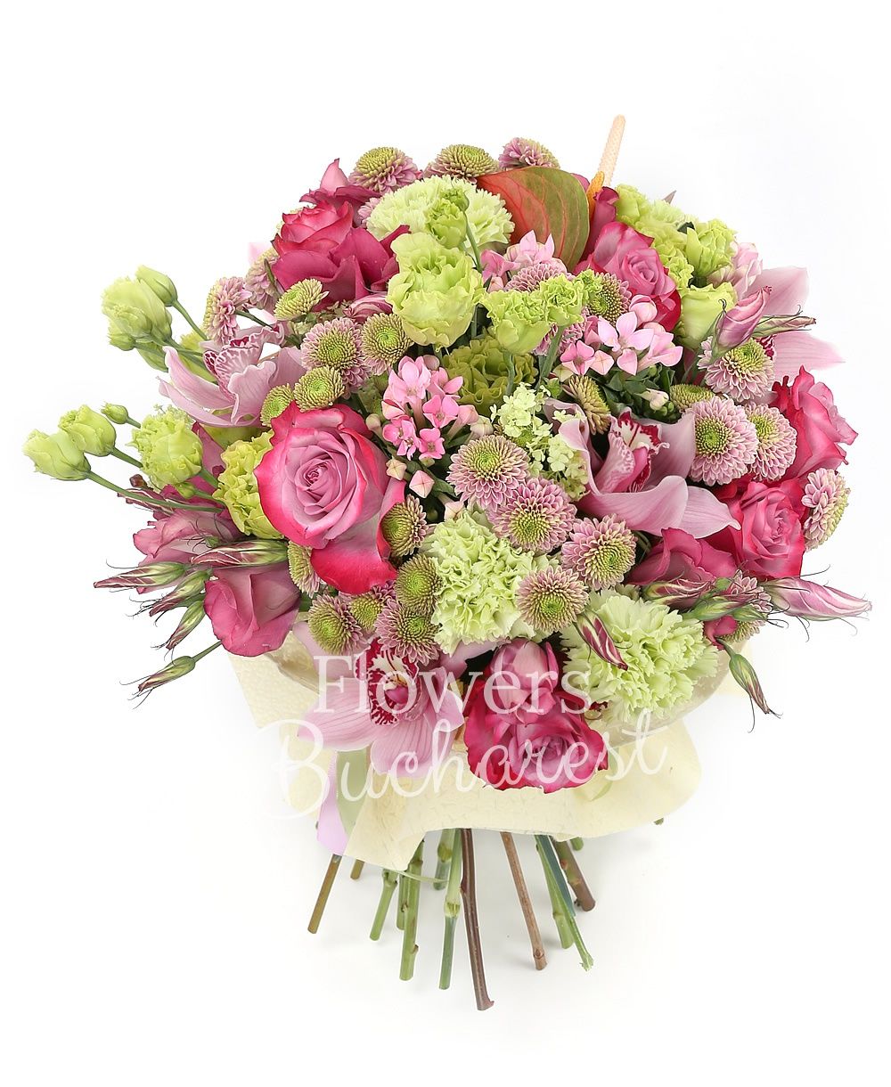 7 pink roses, 3 red anthurium, 5 green lisianthus, 5 pink santini, 3 pink lisianthus, 5 bouvardia, 5 green carnations, pink cymbidium