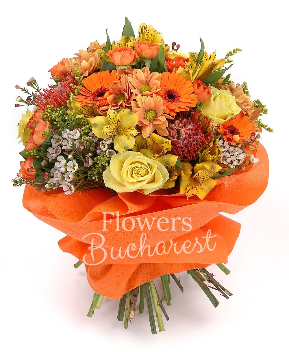 5 yellow roses, 3 leucospermum, 7 orange gerbera, 3 orange chrysanthemums, 5 orange miniroses, 5 yellow alstroemeria, 3 solidago, white waxflower