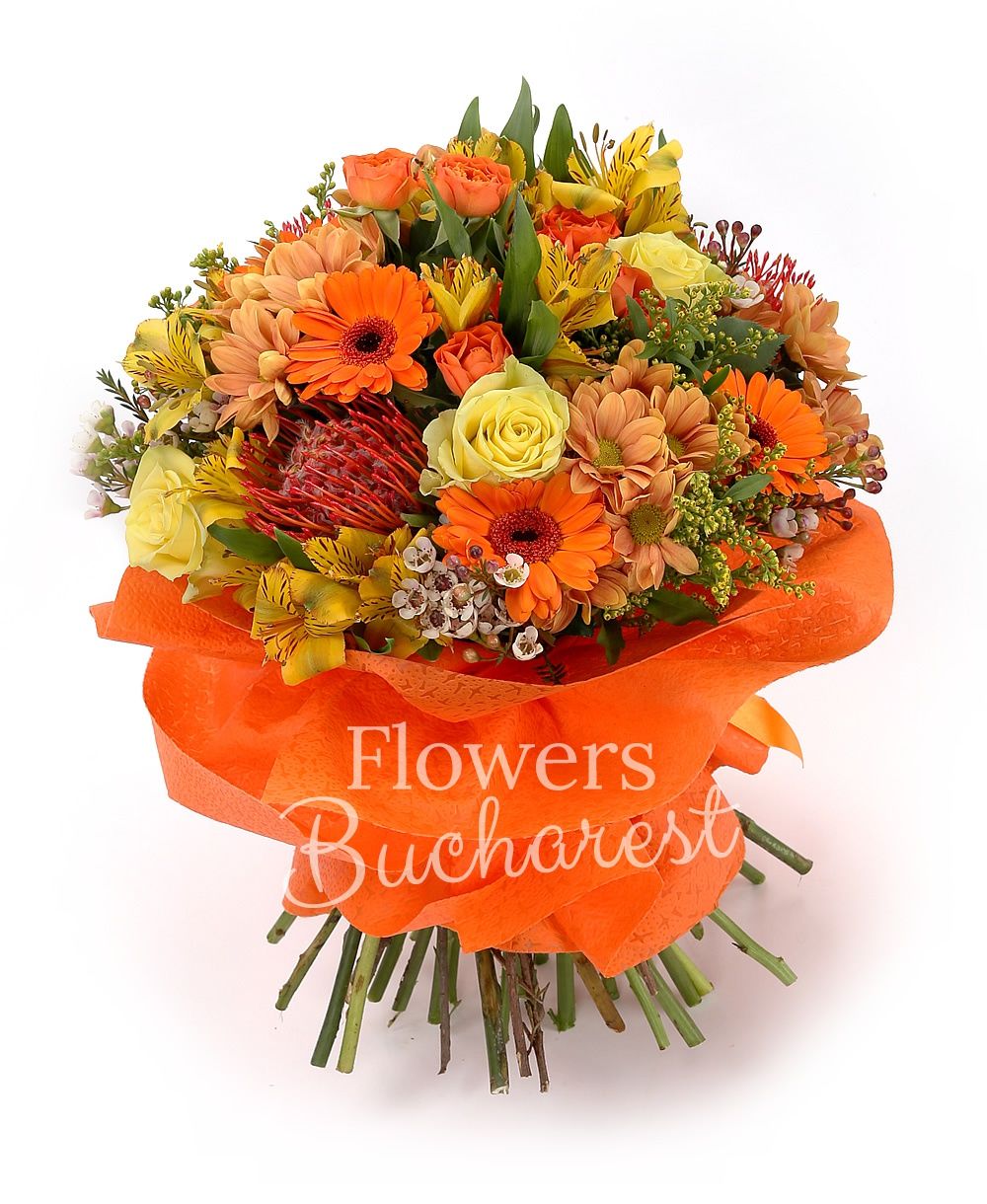 5 yellow roses, 3 leucospermum, 7 orange gerbera, 3 orange chrysanthemums, 5 orange miniroses, 5 yellow alstroemeria, 3 solidago, white waxflower