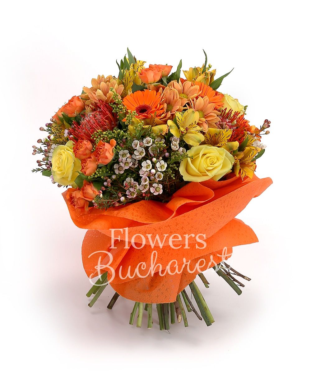 5 yellow roses, 3 leucospermum, 7 orange gerbera, 3 orange chrysanthemums, 5 orange miniroses, 5 yellow alstroemeria, 3 solidago, white waxflower