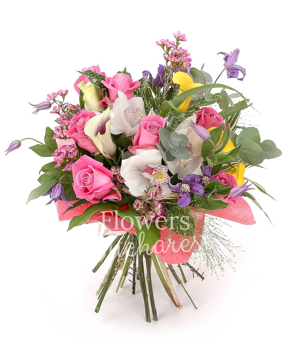 9 pink roses, 3 yellow cala, 2 white and purple cala, 3 clematis, white cymbidium, greenery