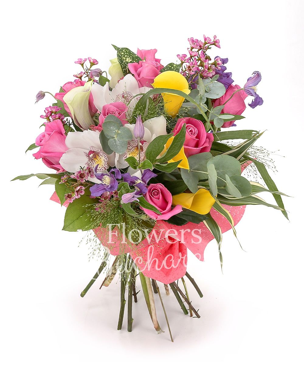 9 pink roses, 3 yellow cala, 2 white and purple cala, 3 clematis, white cymbidium, greenery