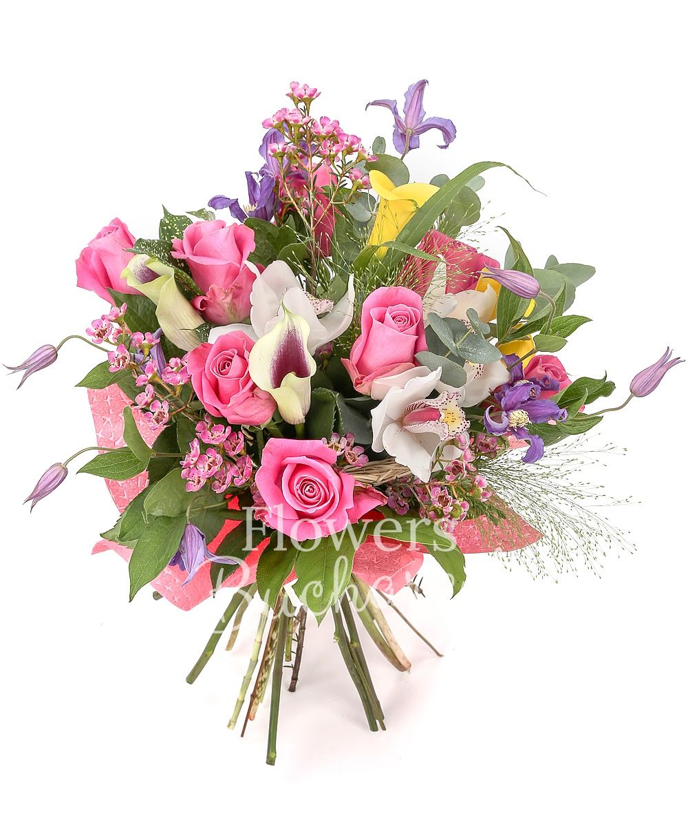 9 pink roses, 3 yellow cala, 2 white and purple cala, 3 clematis, white cymbidium, greenery