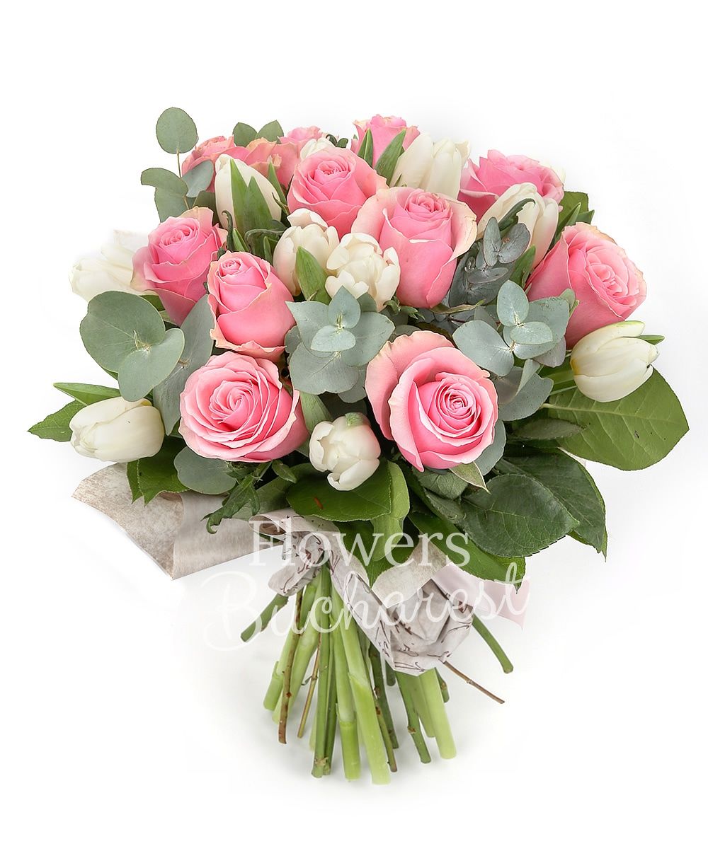 11 pink roses, 10 white tulips, greenery