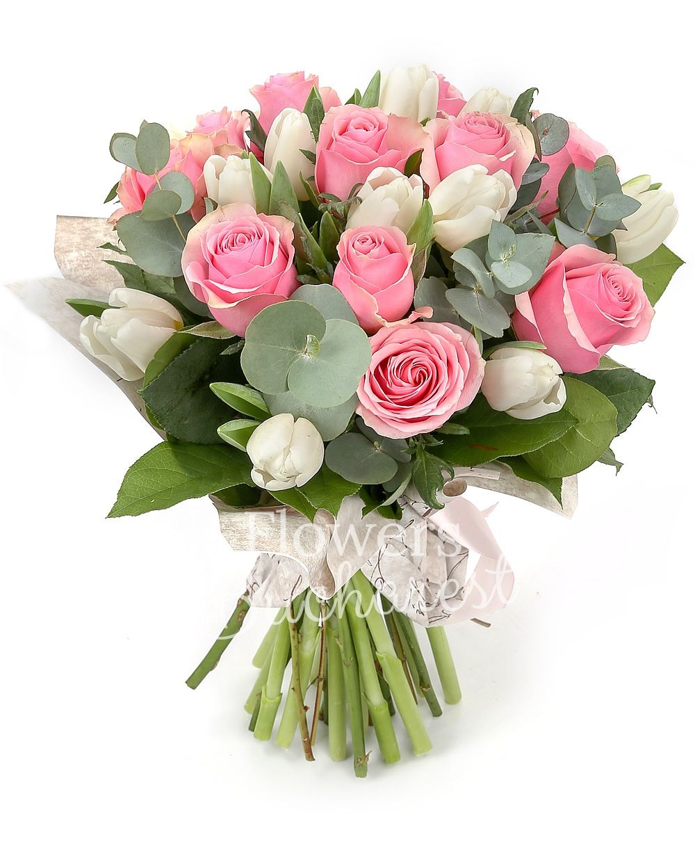 11 pink roses, 10 white tulips, greenery