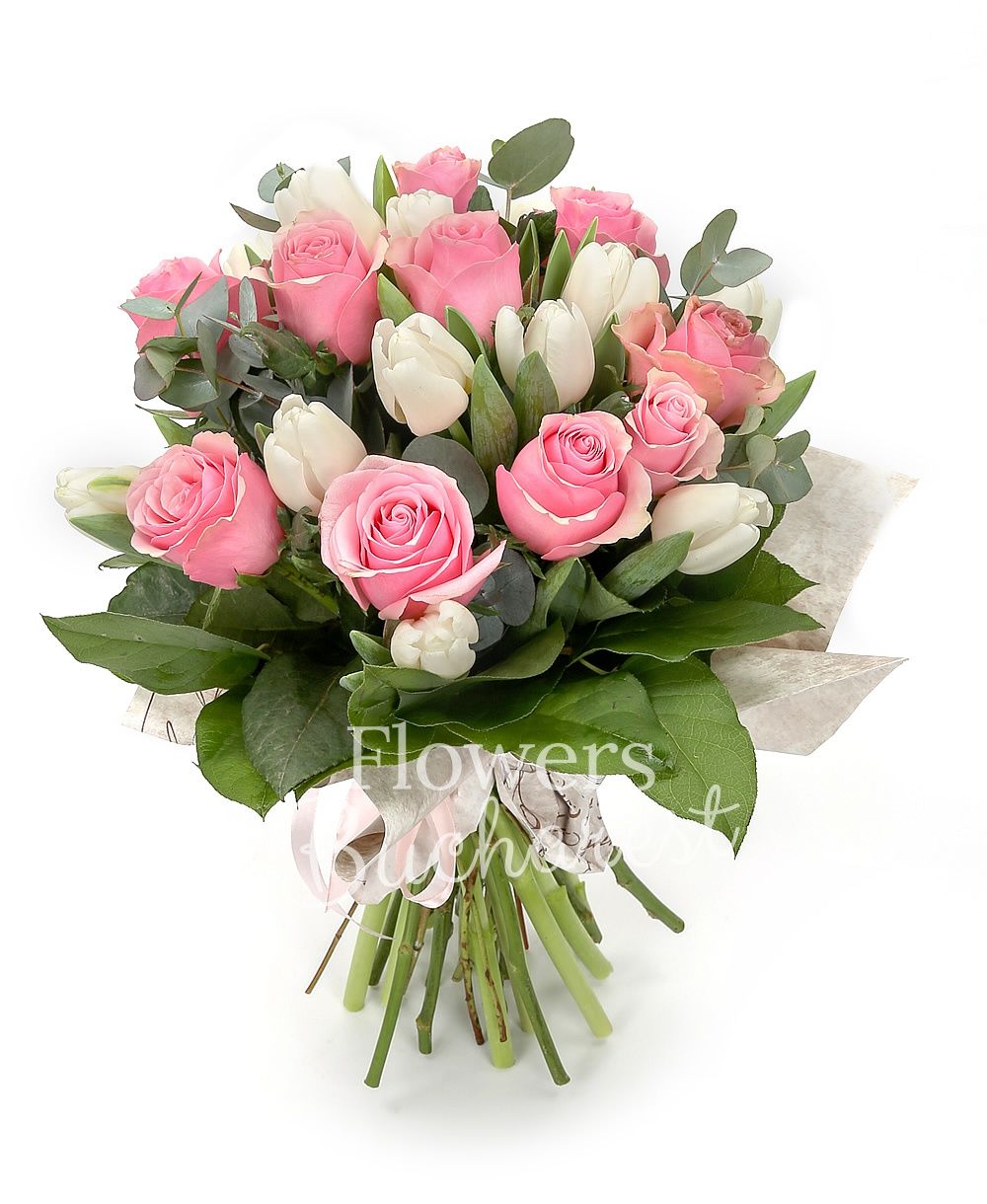 11 pink roses, 10 white tulips, greenery