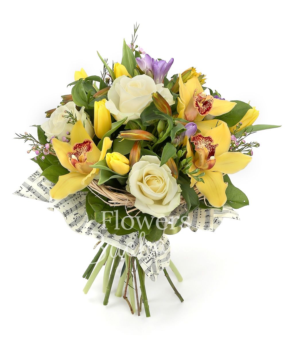 3 white roses, 5 yellow alstroemerias, 5 purple freesias, 5 yellow tulips, greenery