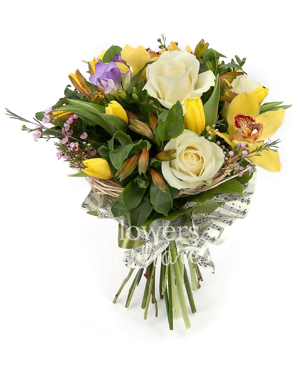 3 white roses, 5 yellow alstroemerias, 5 purple freesias, 5 yellow tulips, greenery