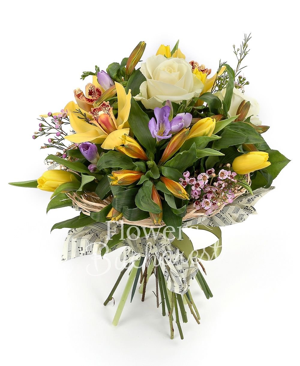 3 white roses, 5 yellow alstroemerias, 5 purple freesias, 5 yellow tulips, greenery