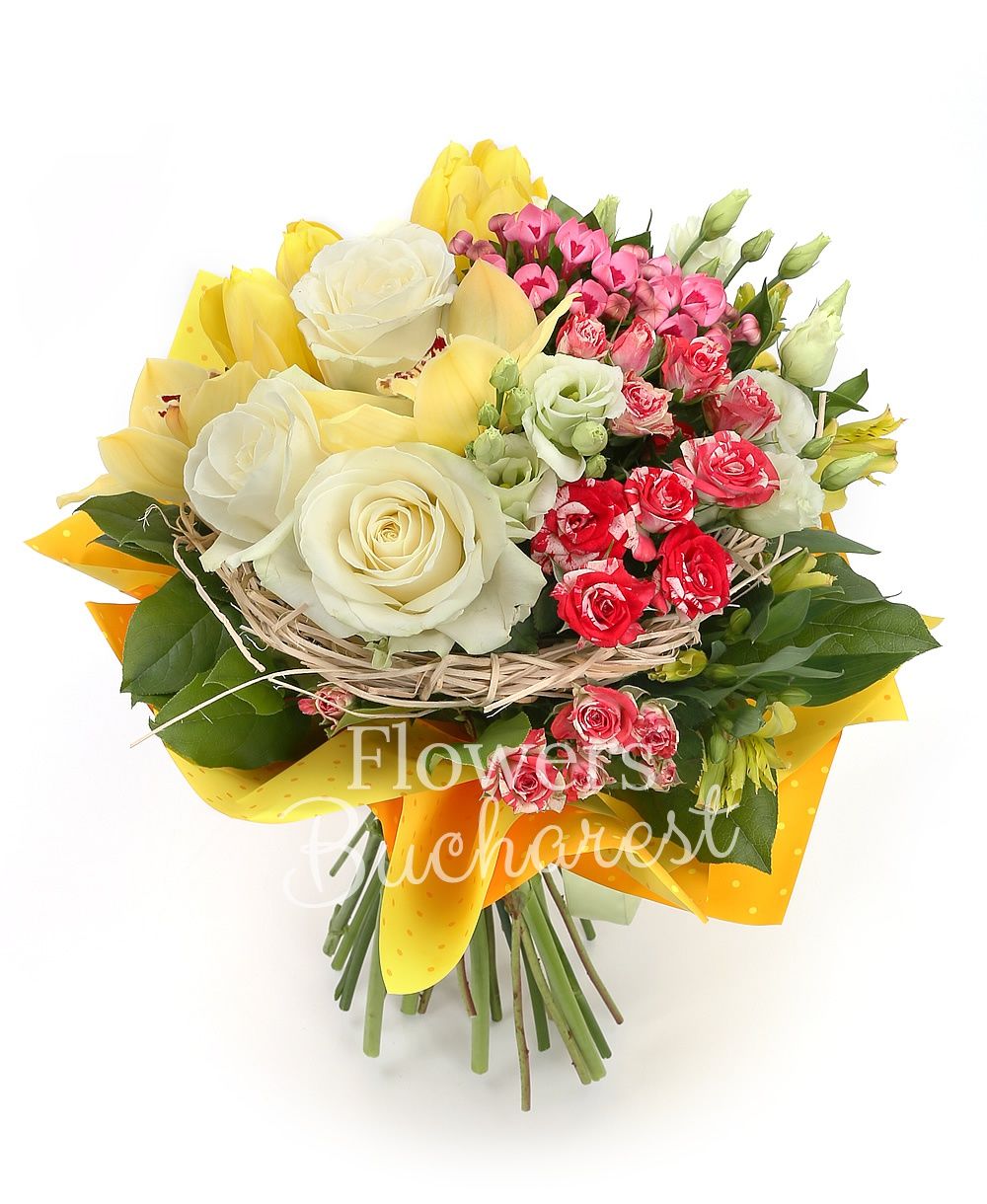 3 white roses, 3 bouvardia, 5 white lisianthus, 3 alstroemeria, 5 purple freesias, 3 pink miniroses, 5 yellow tulips, greenery