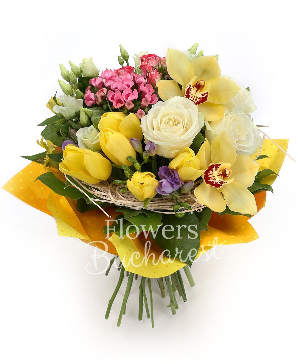 3 white roses, 3 bouvardia, 5 white lisianthus, 3 alstroemeria, 5 purple freesias, 3 pink miniroses, 5 yellow tulips, greenery