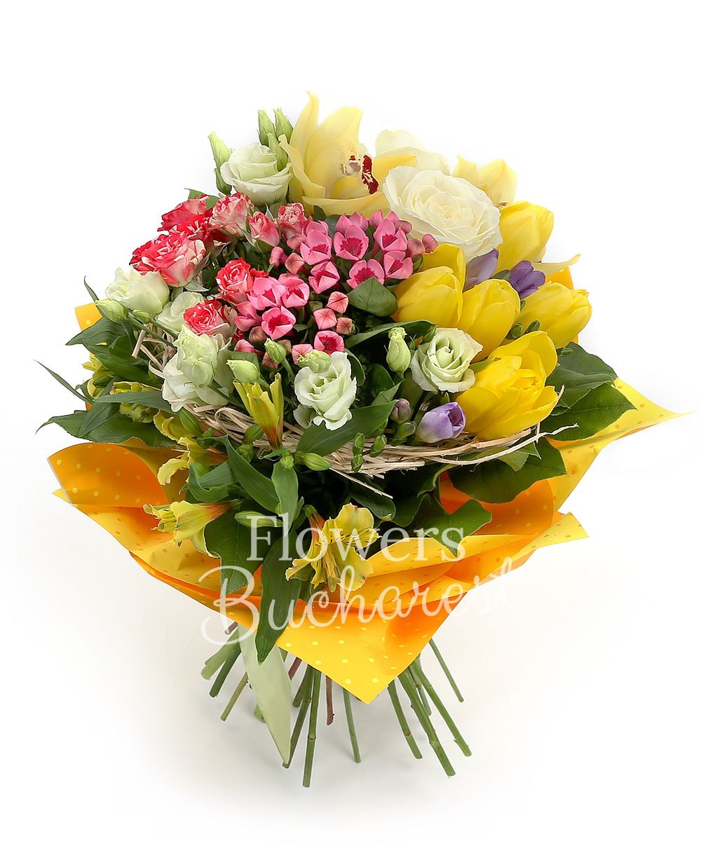 3 white roses, 3 bouvardia, 5 white lisianthus, 3 alstroemeria, 5 purple freesias, 3 pink miniroses, 5 yellow tulips, greenery