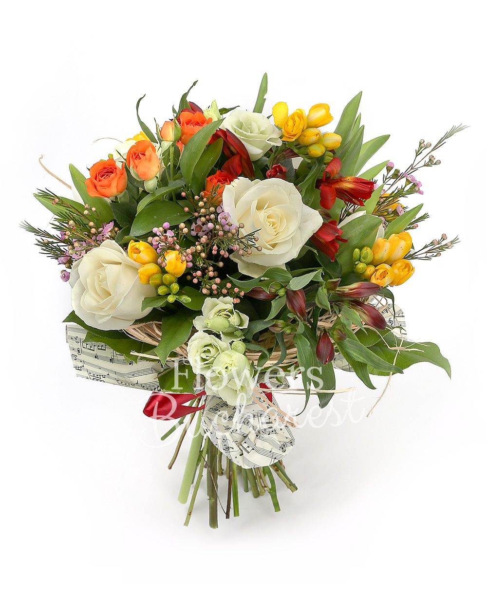 3 white roses, 5 yellow freesias, 3 orange miniroses, 5 red alstroemerias, 5 white lisianthus, pink waxflower, greenery