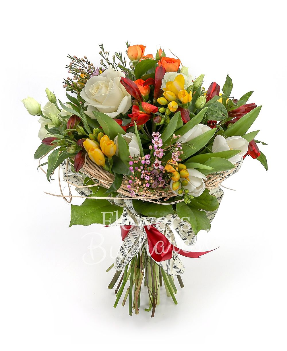 3 white roses, 5 yellow freesias, 3 orange miniroses, 5 red alstroemerias, 5 white lisianthus, pink waxflower, greenery