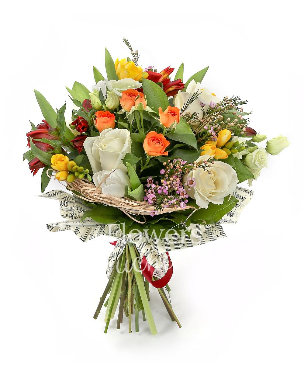 3 white roses, 5 yellow freesias, 3 orange miniroses, 5 red alstroemerias, 5 white lisianthus, pink waxflower, greenery