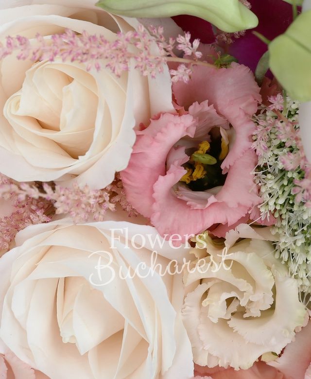 2 trandafiri crem, hortensia alba, 2 lisianthus roz, 2 dendrobium mov, trachelium, cymbidium alb, 2 astilbe roz, coș