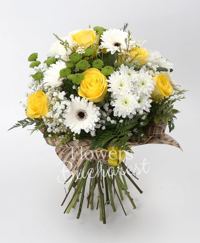 6 trandafiri galbeni, 3 crizanteme albe, 6 gerbera alba, 4 santini verde, gypsophila, waxflower alb