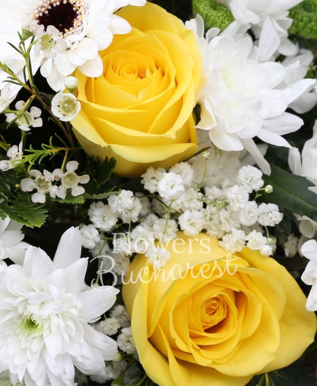 6 trandafiri galbeni, 3 crizanteme albe, 6 gerbera alba, 4 santini verde, gypsophila, waxflower alb