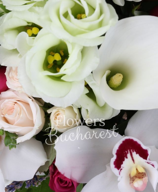 5 trandafiri cyclam, 2 lisianthus roz, 2 lisianthus mint, 5 cale albe, 6 lalele roz, 7 frezii albe, 2 miniroze crem, cymbidium verde, cymbidium alb, levănțica, eucalypt