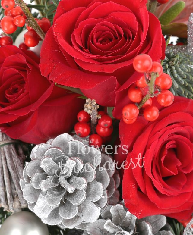 2 trandafiri rosii, conuri brad, globuri, steluțe, ilex, 2 anthurium roșu, felii lămâi uscate, 2 legătura crengi uscate, brad, vas ceramic