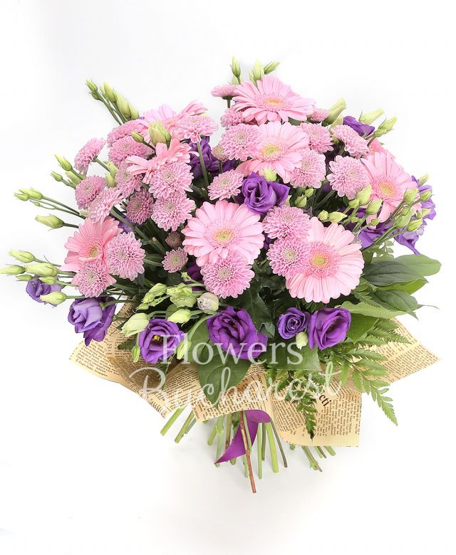 9 gerbera, 9 lisianthus mov, 7 santini roz, salal