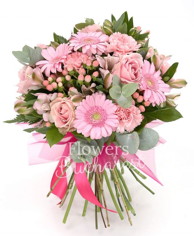 4 trandafiri roz, 4 gerbera roz, 4 garoafe roz, 4 alstroemeria roz, 4 hypericum roz, eucalypt, salal