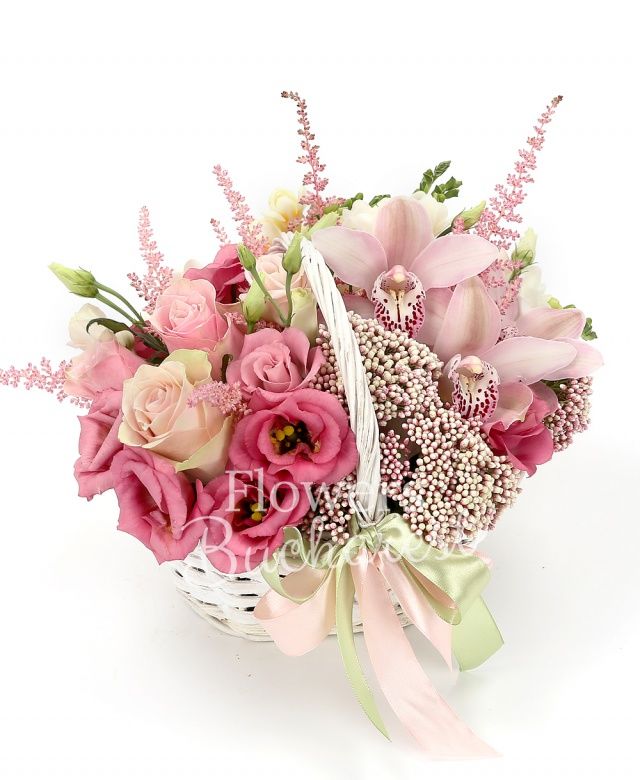 2 trandafiri crem, 2 lisianthus, 2 rice flower, 4 astilbe, 4 frezii albe, cymbidium, coș