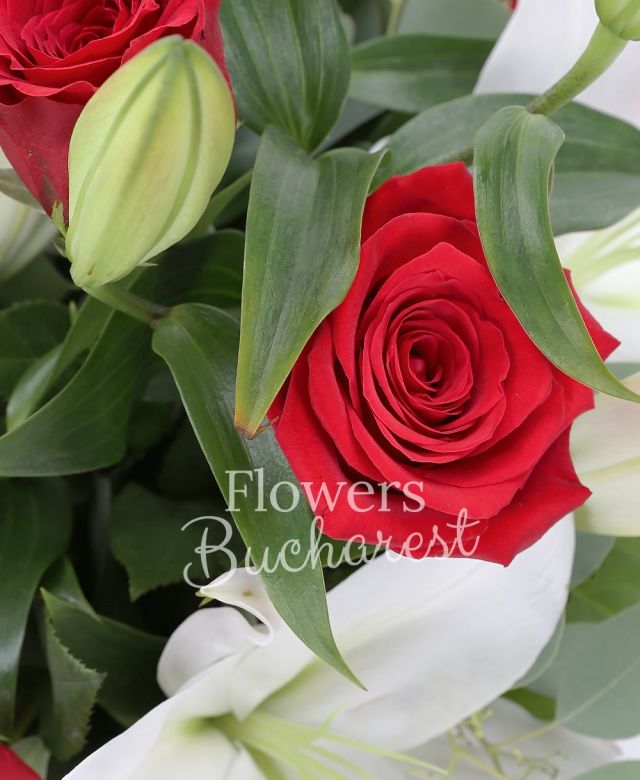 11 trandafiri rosii, 4 crini albi, eucalypt
