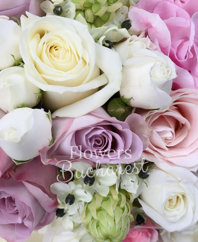 4 ornithogalum, 7 trandafiri albi, 5 memory lane, 5 trandafiri sweet avalanche, 5 trandafiri roz, 2 hortensii, 4 miniroze albe