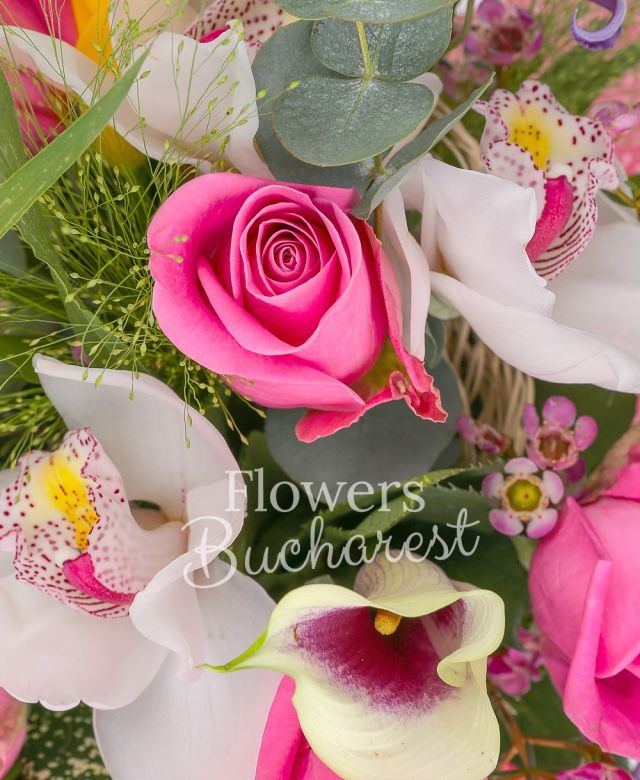 5 trandafiri roz, 2 cale galbene, 2 cale grena, 2 clematis, cymbidium alb, waxflower, panicum, eucalypt, salal