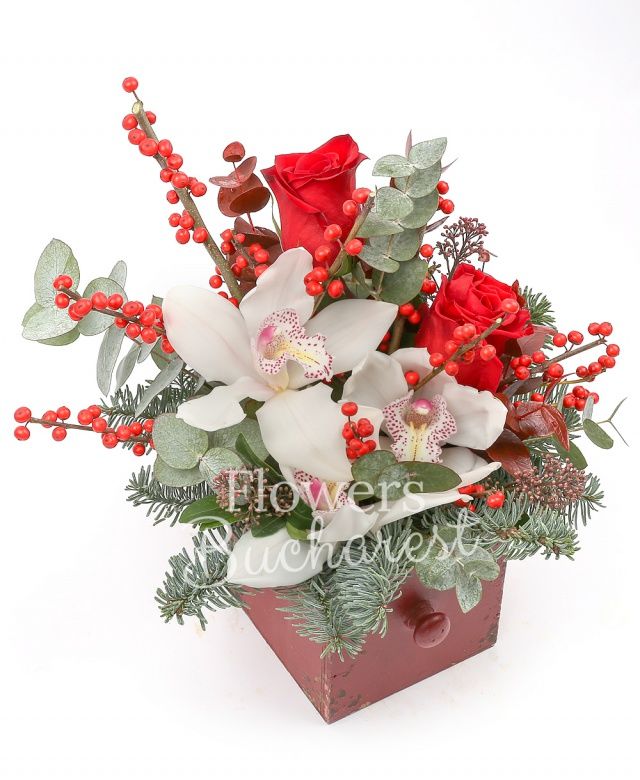 3 trandafiri rosii, 1 cymbidium alb, ilex, eucalypt, brad, cutie