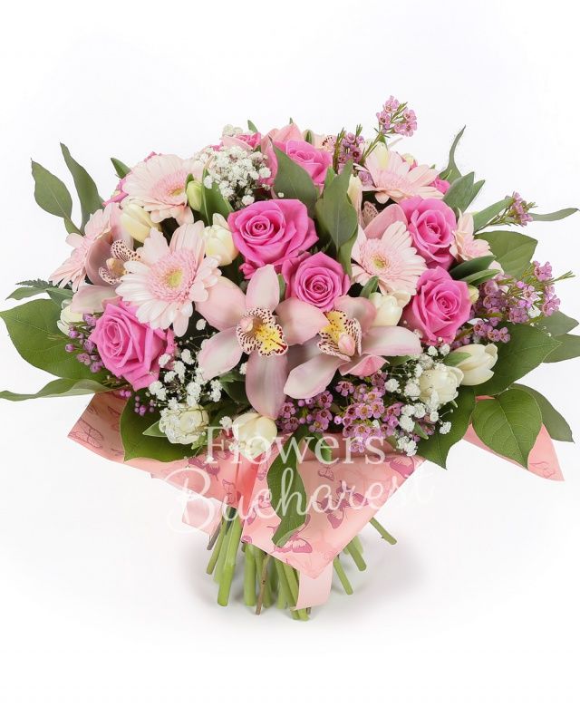 8 trandafiri roz, 6 gerbera roz, cymbidium roz, 10 lalele albe, 4 waxflower roz, 2 gypsophila, salal