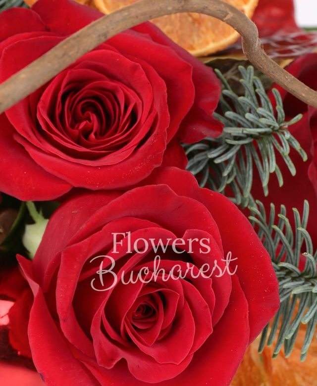 2 trandafiri rosii, 2 anthurium rosii, corylus, felii portocale decor, branch ball, scorțișoară, 2 globuri, brad, salal, vas gheața
