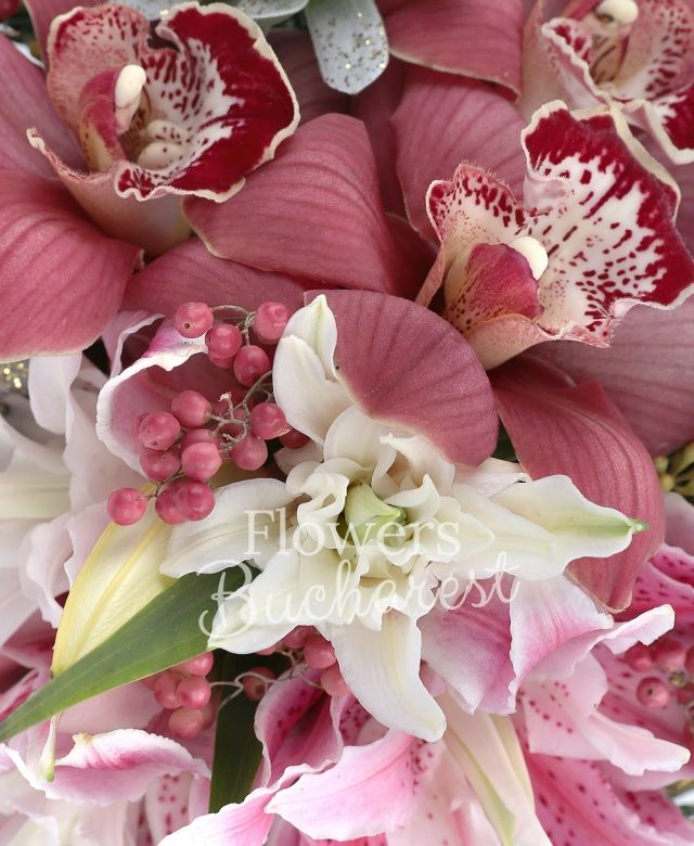 cymbidium, 2 crini roz, 2 suculente, eucalypt berry, piper, brad, vas