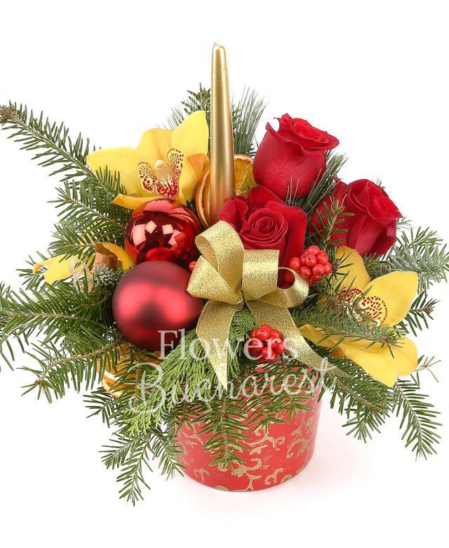 3 trandafiri rosii, cymbidium galben, ilex, decorațiuni crăciun, brad, vas