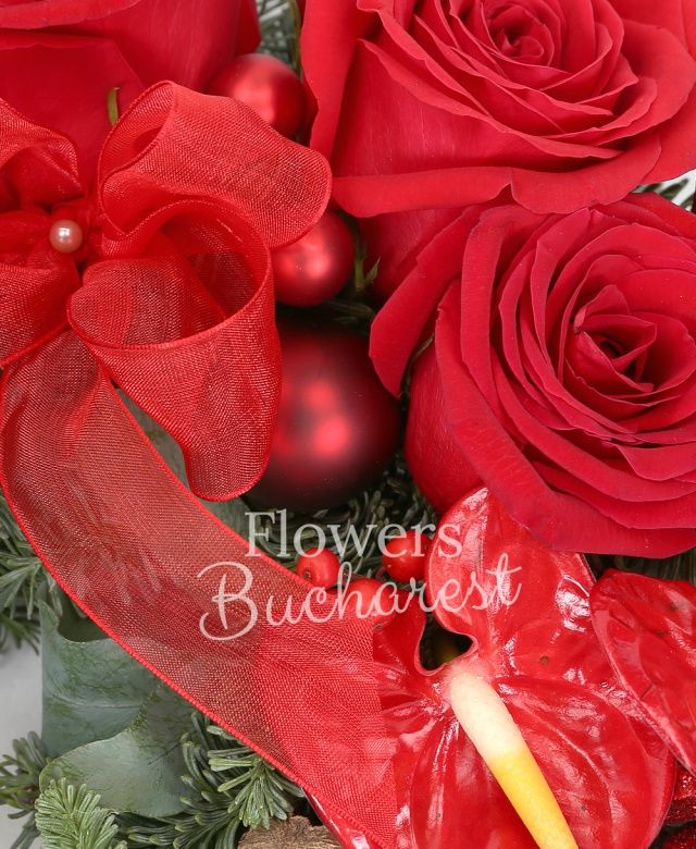 2 trandafiri rosii, 3 anthurium, brunia, eucalypt, brad argintiu, suport burete coronița, decorațiuni crăciun
