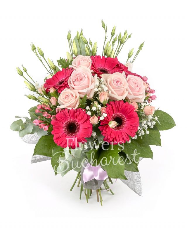 4 trandafiri roz, 4 gerbera cyclam, 2 miniroze roz, 2 bouvardia roz, 2 lisianthus roz, gypsophila, eucalypt, salal