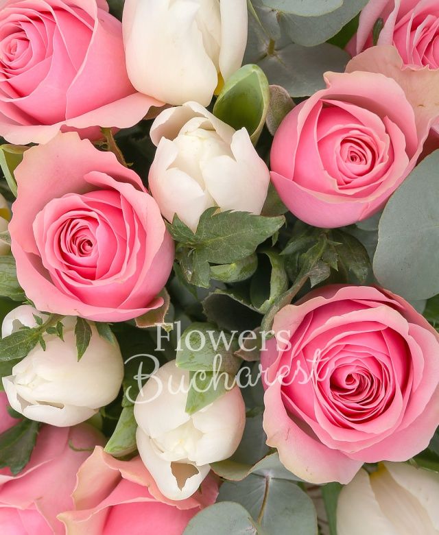 11 trandafiri roz, 10 lalele albe, eucalypt, salal